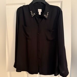 Chico's Black Button-Front Blouse with Jeweled Collar